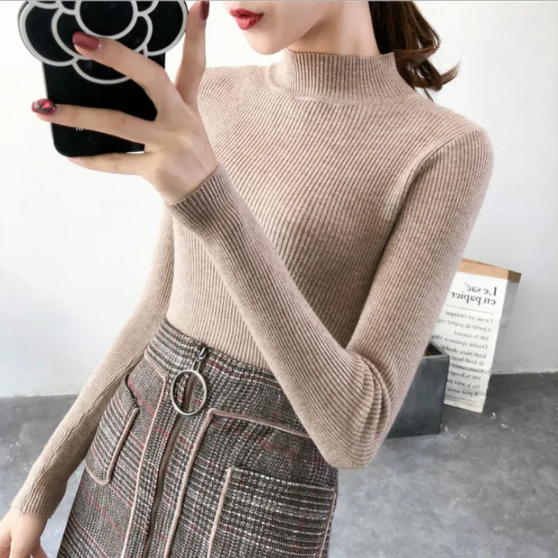 

Autumn Women Knitted Turtleneck Sweater 2019 Fall Casual Slim Sweaters Pullover Womens Long Sleeve Elasticity Sweater Base Shirt