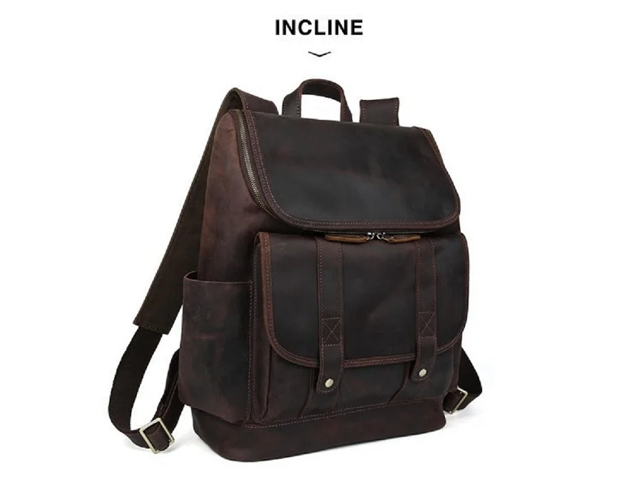 

tiding Luxury Cow Leather School Laptop Backpack For Men Rucksack Retro Solid Overnight Weekender Bag Dark Brown Travel Bags