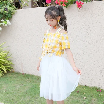 

YourSeason New 2020 Summer Girls Mesh Patchwork Dresses Cute Baby Girl Fake Two Piece Plaid Spaghetti Strap Dresses With Bow