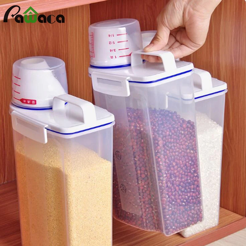 

Cereal Container Storage Rice Bucket Large Food PP Airtight Silicon Seal Flour Sugar Dry Clear Measuring Cup Kitchen Labels Lids