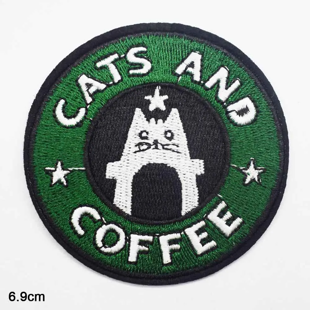 Blinking Round Pink Coffee Cat Stay Pawsitive Cute Dog Animals Iron On Embroidered Clothes Patches For Boys Girls Kids Clothing 