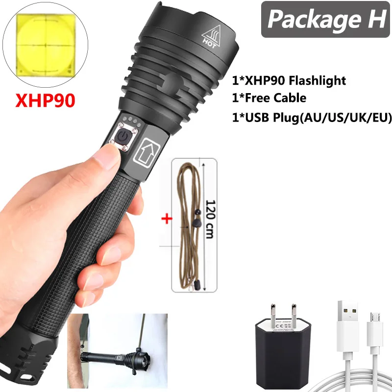 Супер мощный Xlamp XHP70.2 XHP90 светодиодный фонарь USB XHP50 лампа Zoom тактический фонарь 18650 26650 перезаряжаемый аккумулятор - Испускаемый цвет: Package H-XHP90