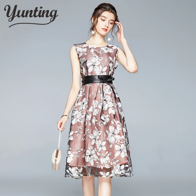 

Autumn Elegent Sleeveless Florl Print Dress Women Casual O-Neck A Line Summer Dresses Elegent Party Vestidos