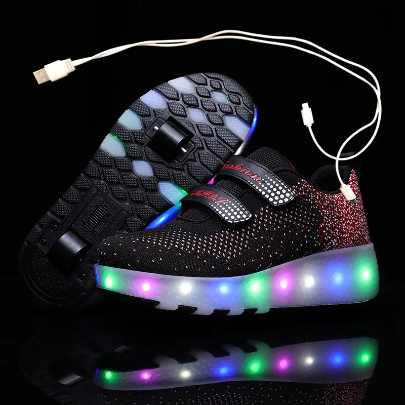 Children Two Wheels Luminous Glowing Sneakers Black Red Pink Led Light Roller Skate Shoes Kids Boys Girls USB Charging | Детская одежда