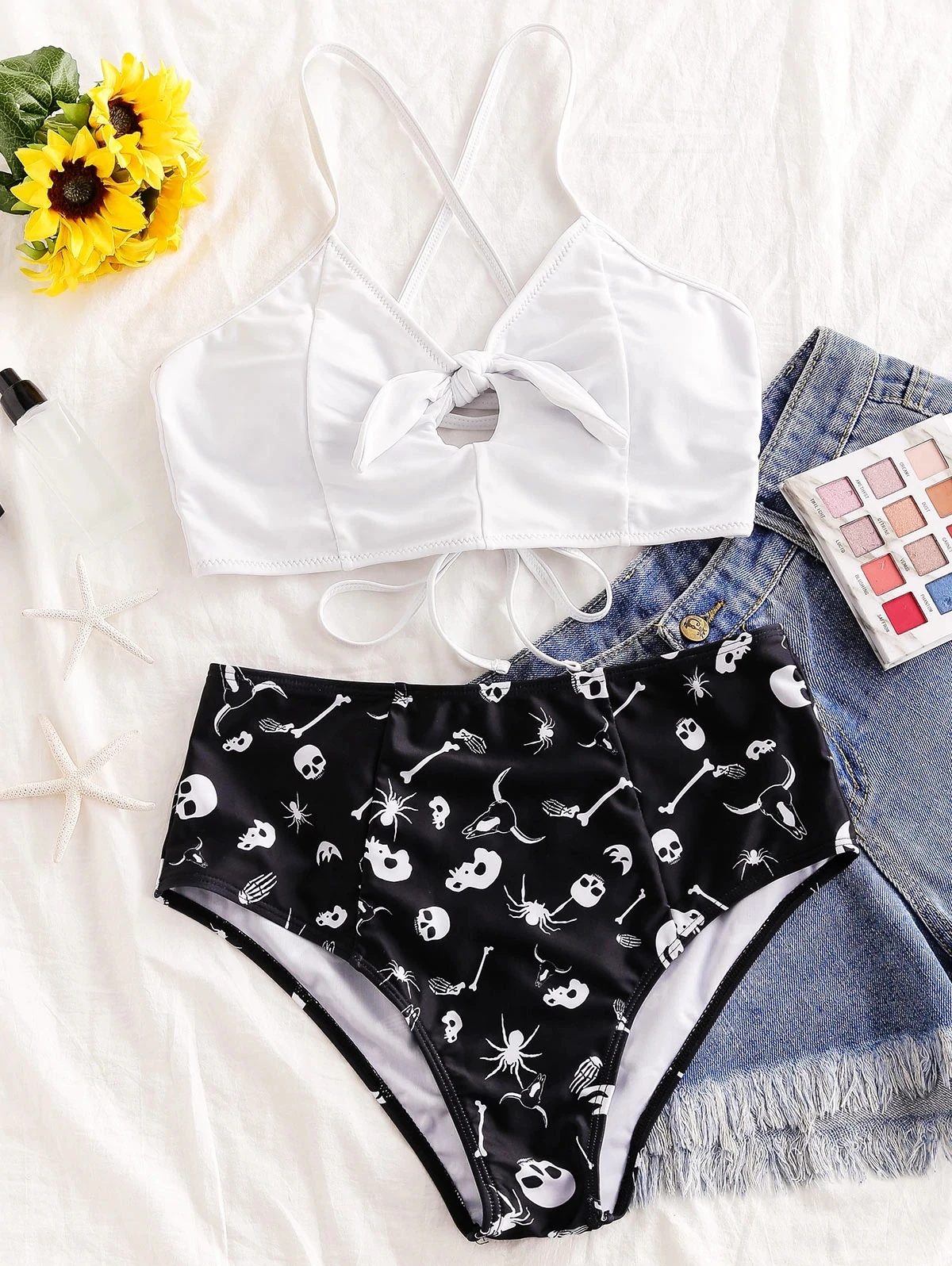 Halter Front Bow Bikini Set Cut Out Push Up Skull Printed Two Piece Swimsuit