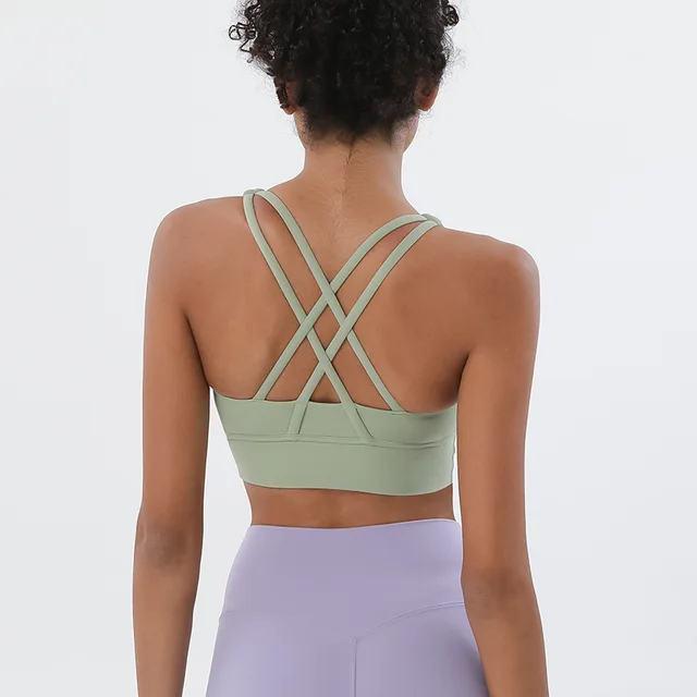Lulu Classic Solid Color Cross Back Women Sport Bra Fitness Tank Top Shockproof Run Tight Yoga Vest No Steel Ring With Chest Pad Avocado