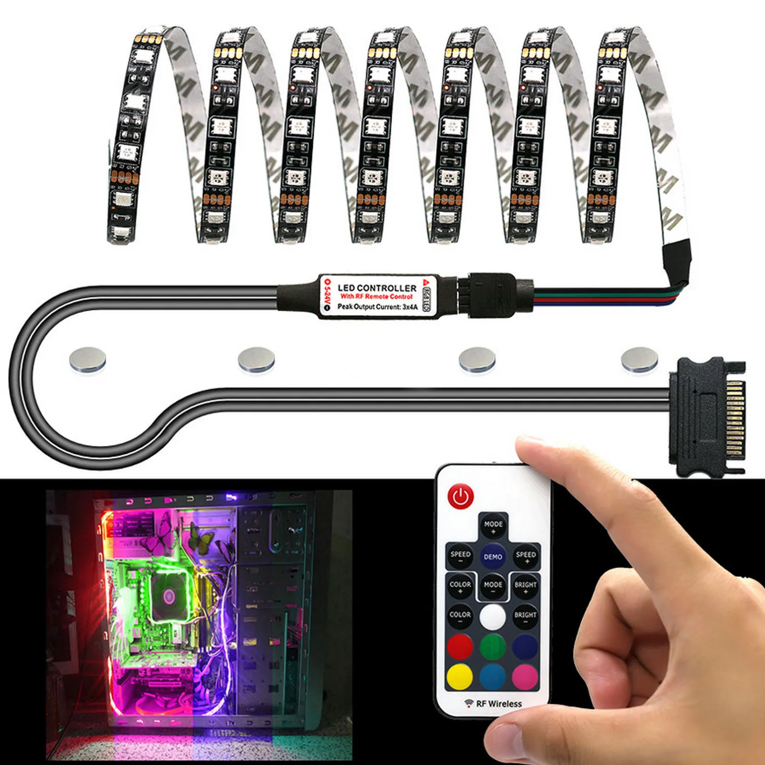 Elisona faixa de luz de led rgb 0.5m, para decoração de caixa de computador, kit de iluminação magnética sem fio com controle remoto potência sata,|Cabos de computador e conectores| - AliExpress