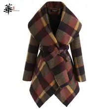 Женское осенне-зимнее длинное шерстяное клетчатое пальто и куртки, женская элегантная куртка-кардиган с поясом, женская верхняя одежда, женская одежда