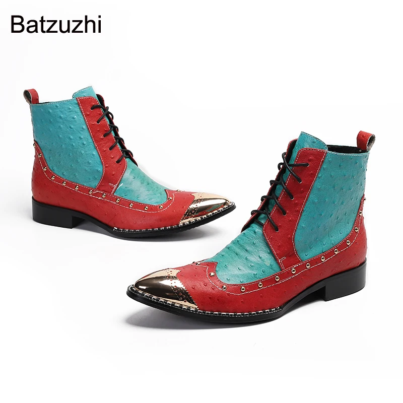 Batzuzhi New Personality Men Ankle Boots Pointed Metal Head Genuine Leather Ankle Boots Men Color Lace-up Party/Wedding Botas