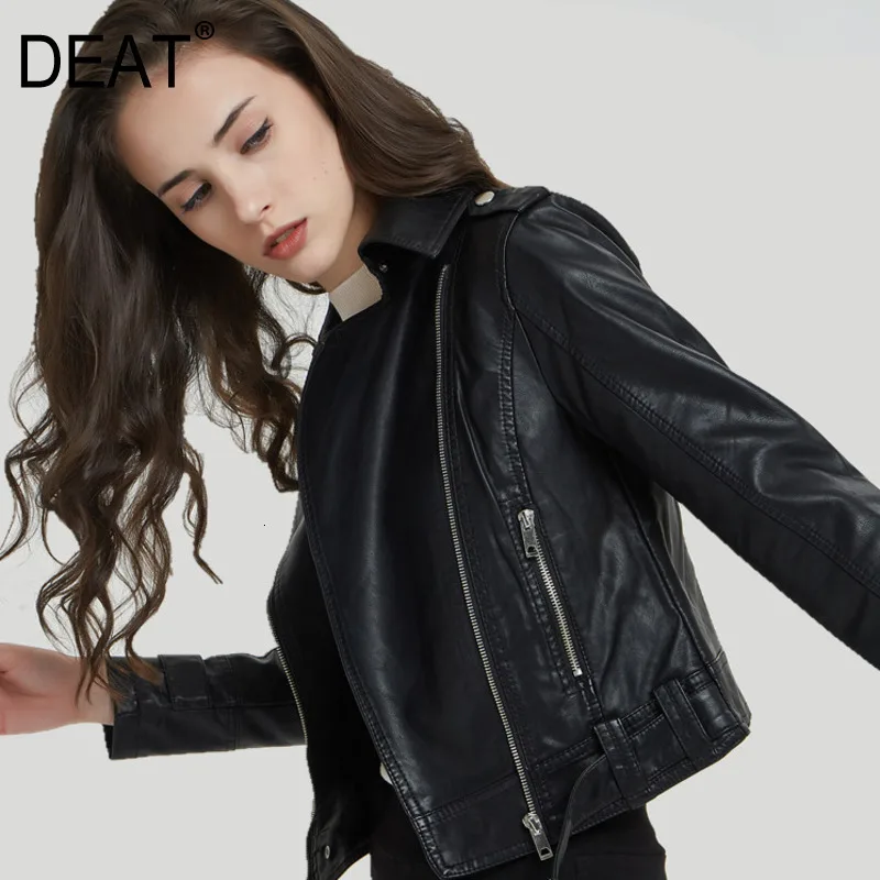 

[DEAT] 2019 Autumn Winter New Pattern Zipper Slim Thin Lapel Short Slim Pu Locomotive Multi-size Temperament Slim Jacket AT402