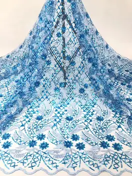 

(5yards/pc) High quality sky blue African tulle lace fashion sequins embroidered French net lace fabric for party FZZ692