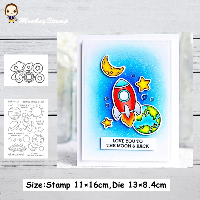 

Monkey Rockets and aliens Metal Cutting Dies and Stamps Stencil for DIY Scrapbooking Photo Album Embossing Decorative Craft Die