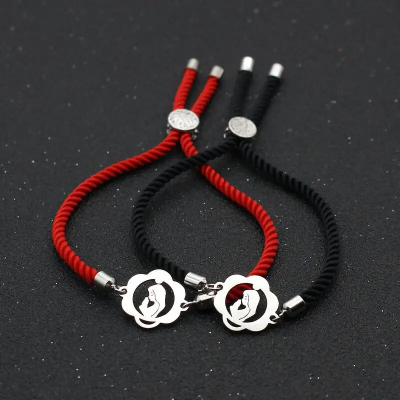 Cute Bear Stainless Steel Virgin Mary Maria Bracelet Lucky Red Thread Rope Adjustable Charm Bracelets For Women Men Jewelry Gift