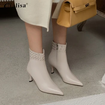 

CIALISA Women Shoes Pointed Toe High Heel Autumn Winter Zipper Genuine Leather Boots 2020 Fashion Sexy Thin Heel Ankle Boots