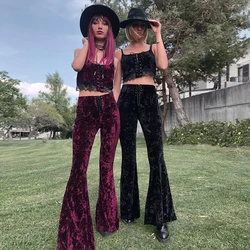 Pantalon gothique évasé en velours, taille haute, avec cordon élastique, décontracté, mode femme, vêtements alts, printemps 