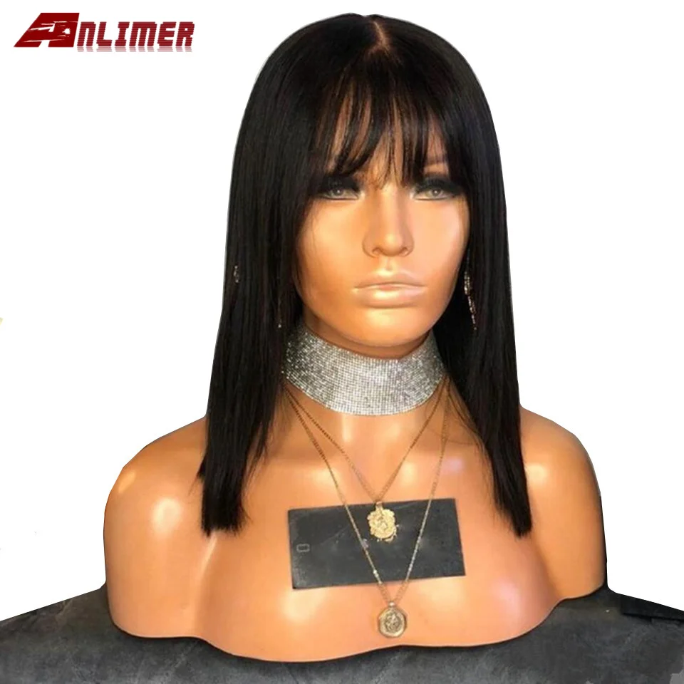 Anlimer Bob Cut 13X6 кружевные передние короткие парики из человеческих волос с челкой предварительно сорванные бразильские Реми прямые волосы для женщин