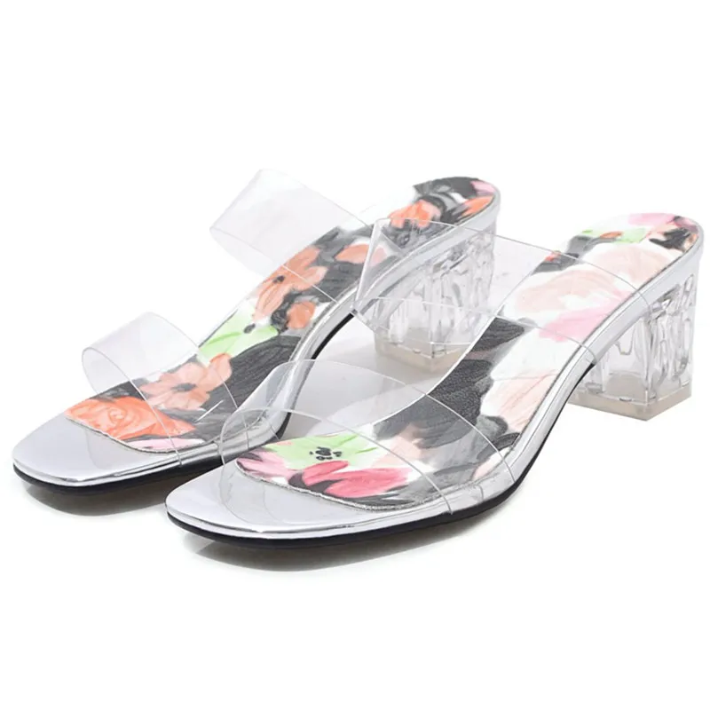 

AGODOR Block Heel Slippers For Women Open Toe Transparent Slides Slip On Floral Women PVC Jelly Sandals Slippers