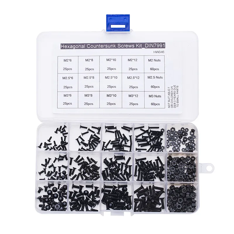 Винты с потайной головкой 480 шт./компл. M2 M2.5 M3 DIN7991 ISO1064 Black Grade 10 9 набор винтов в