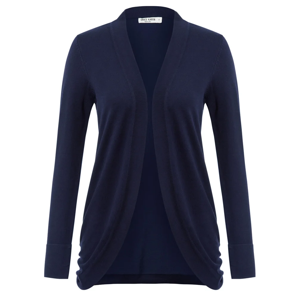

GK Women's Cardigan Knitwear coat Ruched Sides Irregular Hem autumn Long Sleeve Open Front solid black Cardigan Knitwear coat