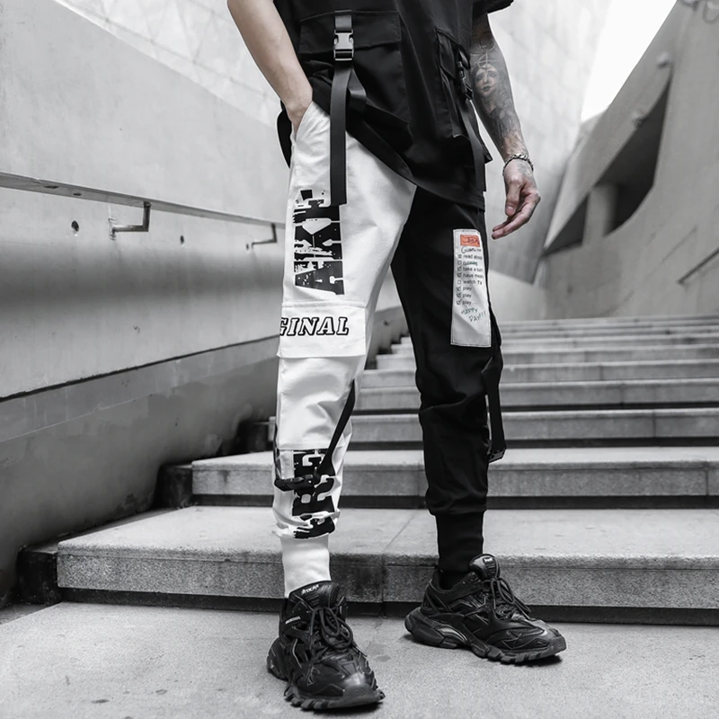 

Hiphop Punk Jogger Cargo Pants Men Split Colors Black and White Spring Summer