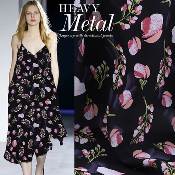 

2019 spring pink flowers digital painting Crepe DE chine silk fabric for summer dress tissu telas tissus tela tecidos fabrics