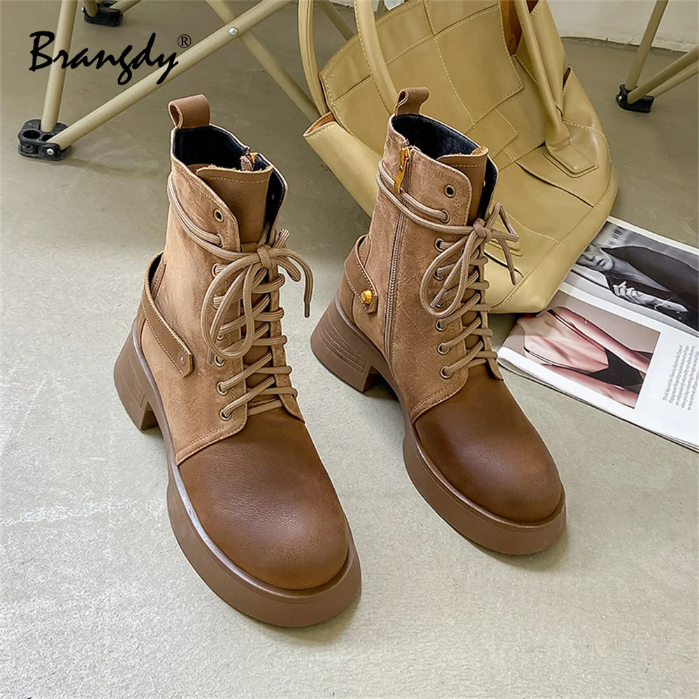 Women Boots Genuine Leather Splicing Women Shoes Mixed Colors Round Toe Women Winter Ankle Boots Fur Zipper Lace