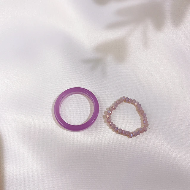 Simple Colorful Transparent Resin Acrylic Rings Set Candy Color Beads Chic Spring Rings for Women Picnic Party Jewelry Gifts purple