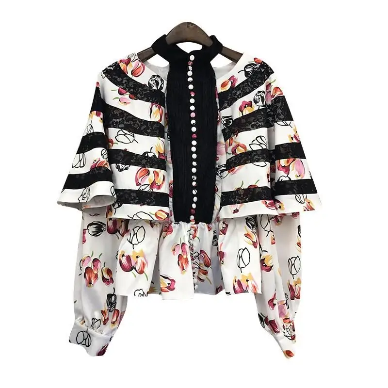 Womens Shirts Blouse Long Sleeve Hollow Out Patchwork Lace Tops O-Neck Female Elegant Fashion Shirts