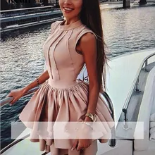 Персиковые платья для выпускного вечера А-силуэт с высоким воротом короткий мини-Тюль Атлас многоуровневые элегантные коктейльные платья