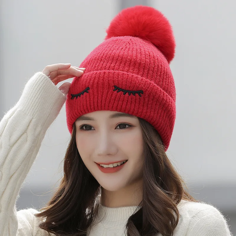 Весенняя зимняя женская вязаная шапка Skullies для девушек, студенток, плюшевая теплая шапка, модная шапка с помпонами, женские зимние шапки