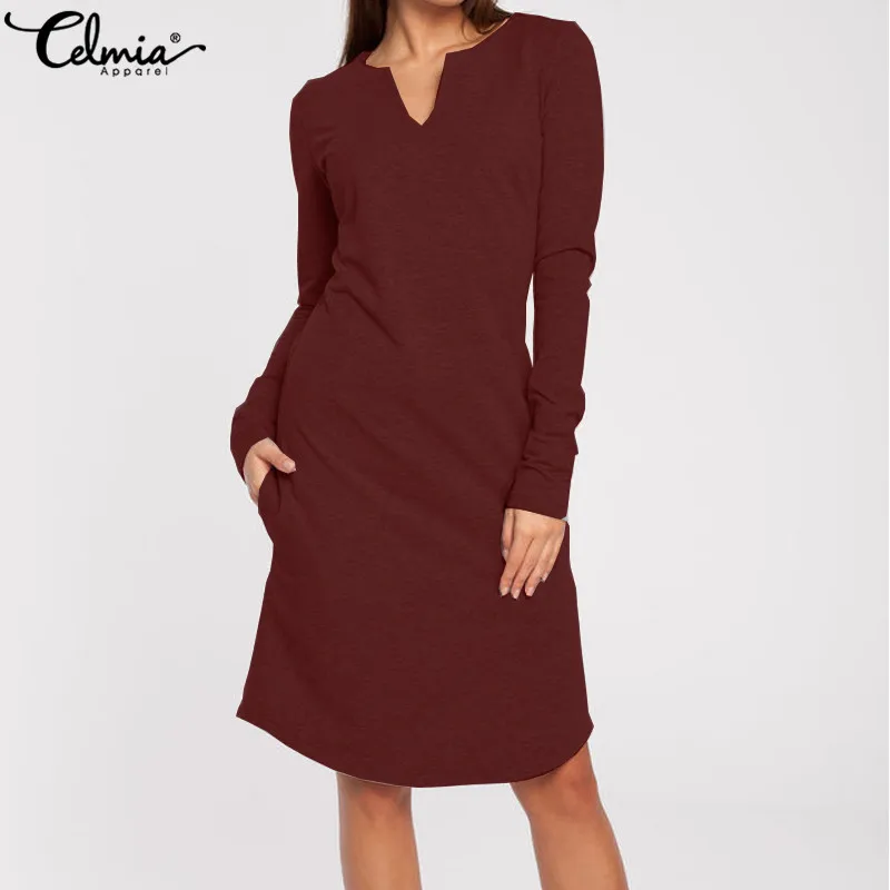 

Plus Size S-5XL Celmia Women Casual Knitted Dress 2019 Autumn Sweater Dresses Sexy V Neck Long Sleeve Solid Slim Shirt Vestidos