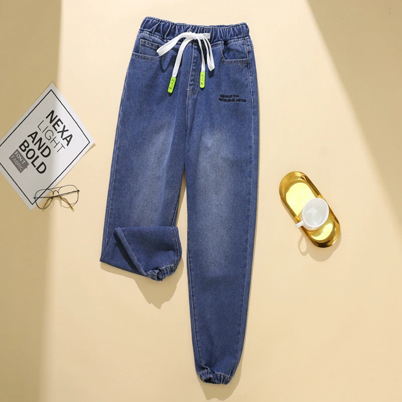 

Autumn Plus Size Embroidery Elastic Waist Lace Up Woman Jeans High Waist Straight Bundle Foot Pants Mujer Ankle Length Denim 5XL