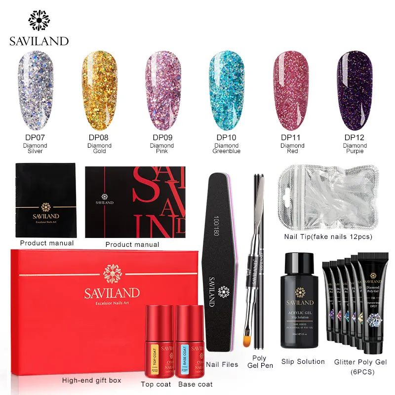 15ML 12PCS SET 2 SAVILAND алмазные блестящие полигелевые наборы для наращивания ногтей, УФ светодиодный Гель-лак, лак с блестками, быстрое строительство, профессиональный для ногтей - Цвет: 15ML 12PCS SET 2