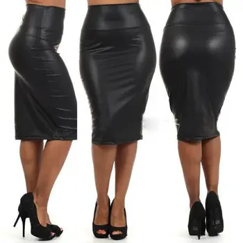 

Vintage PU Faux Leather Skirts For Women Ladies Office Lady High Waist Knee-Length Solid Pencil Skirt Bandage Body Women Clothes