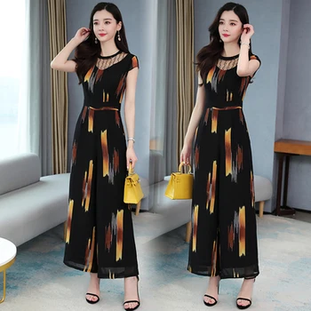 

2020 Summer Korean Short Sleeve Jumpsuit Women High Waist Jumpsuits Wide Leg Black Lace Patchwork Elegance Rompers Womens