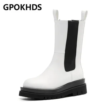 

GPOKHDS 2021 women Mid-Calf boots Cow leather winter short plush Round Toe Elastic band High heels female Chelsea Boots size 39