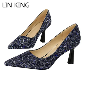 

LIN KING Fashion Sexy Glitter Women Pumps Ladies High Heels Casual Shoes Slim Pointed Toe Wedding Party Shoes Big Size 34-43