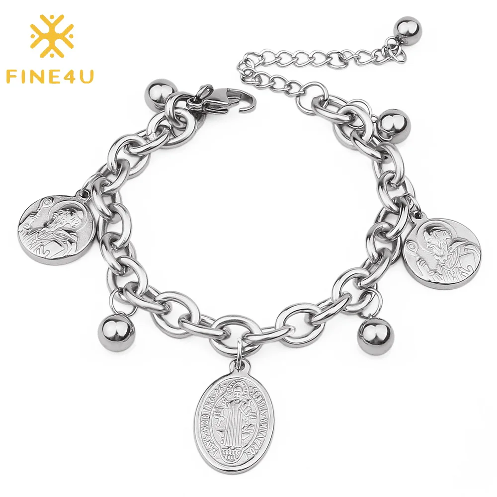 FINE4U B275 нержавеющая сталь Сан Бенито медаль-Амулет браслет Роло цепь браслет религиозные католические украшения для мужчин