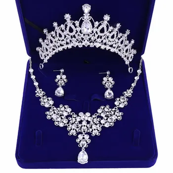 

Chenivesp Bridal Jewellery Set Premium Ultra-Flash Crystal Water Diamond Tiara Crown Necklace Earring Wedding Jewellery