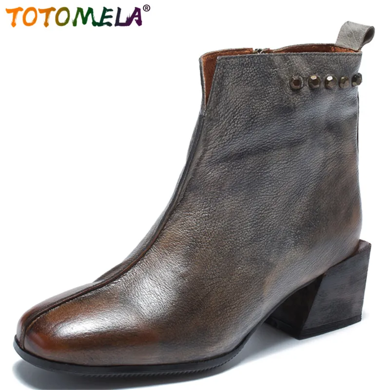 

TOTOMELA Nature full genuine leather boots women vintage retro square toe rivets zipper ankle boots female western boots