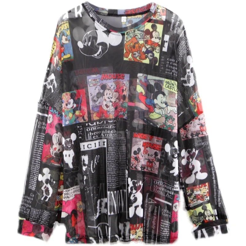 Disney 2021 Summer Famous Anime Mickey Mouse Brand Mesh Shirt Women Sun Protection Transparent Long Sleeve Blouse Ladies T-shirt