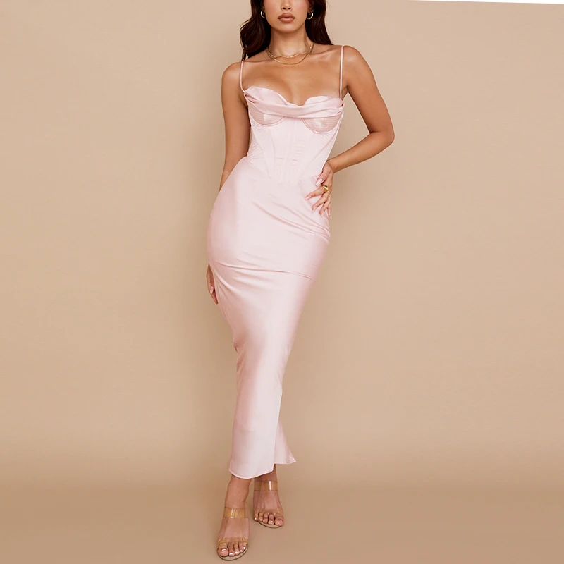 NewAsia Satin Corset Dress 2 Layer Lining Elastic Boned Underwire Split Cut out Cowl Neck Bodycon Dress Woman Sexy Party Dress