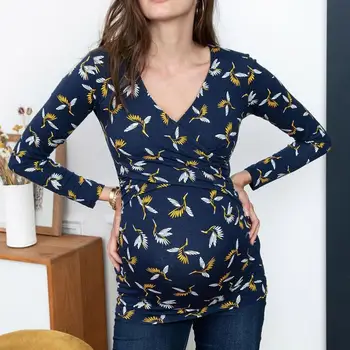 

Printing Women Breastfeeding T-Shirt Ladies Long Sleeve Deep-V Maternity Pregnant Clothes Women Slim Patchwork Pullover Tops