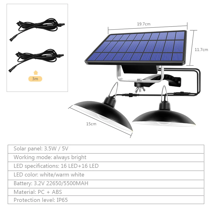 Double Head Solar Pendant Light Outdoor Indoor Solar Lamp With Line Warm WhiteWhite Solar Lighting For Camping Garden Yard (4)