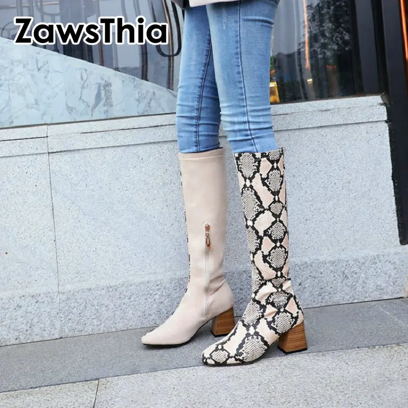 

ZawsThia 2019 winter stylish half solid color half snake skin print woman boots chunky high heels sexy zipper knee high boots
