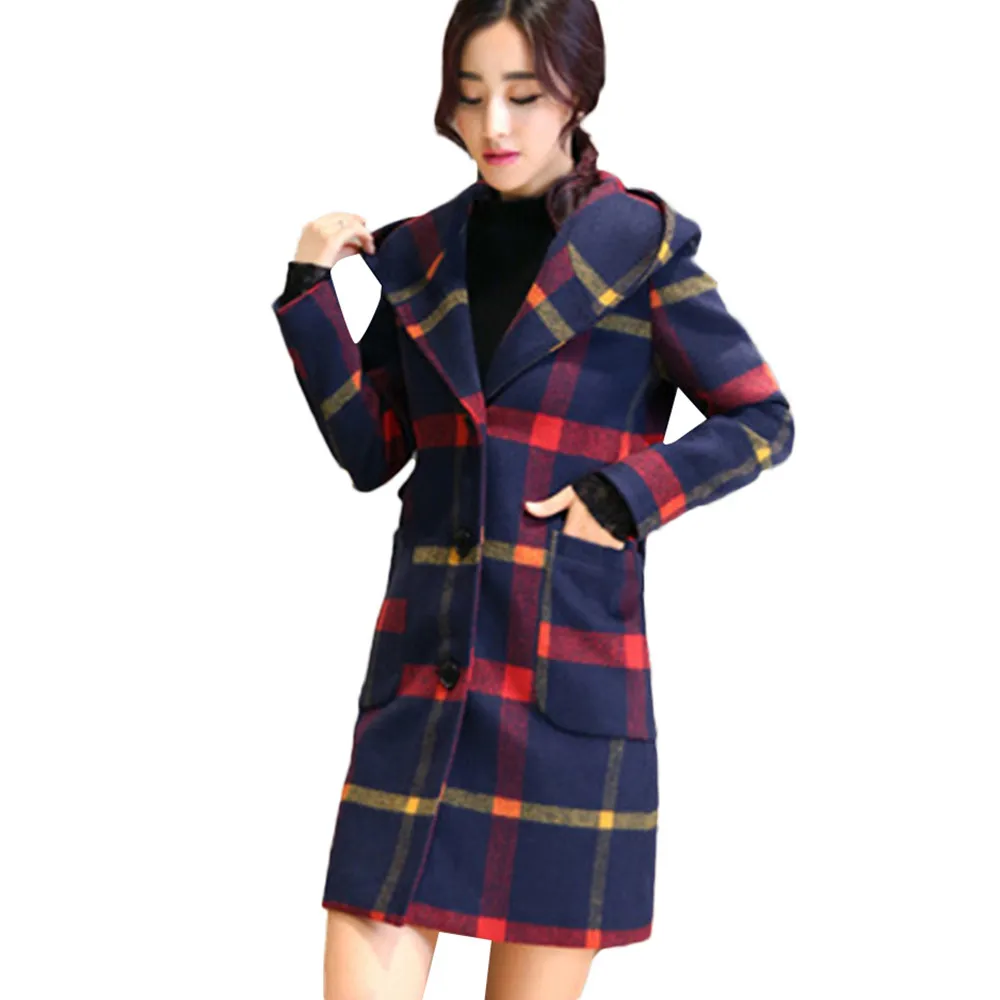 Женская модная куртка с длинным рукавом с капюшоном, клетчатая куртка на пуговицах, шерстяное пальто с карманом, длинное тонкое зимнее пальто casaco feminino