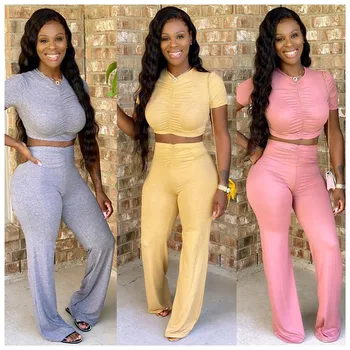 

CHRONSTYLE Autumn Women Short Sleeve T-shirt Crop Tops High Waist Flare Pants Suit Tracksuit 2 Pieces Set Winter Fitness Outfits