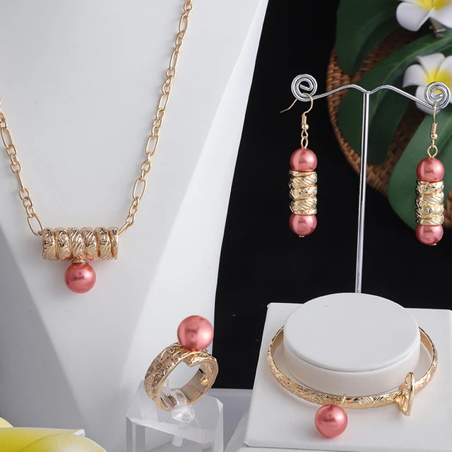 Cring Coco Hawaiian 4 PCS Jewelry Sets Gold Filled Colorful Pearl Bangles Bracelet Earing Sets Women Drop Earrings for Mother pink