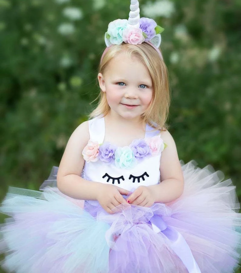 Girls Pastel Unicorn Flower Tutu Dress Kids Crochet Tulle Dress with Hairbow Children Birthday Party Costume Cosplay Dresses