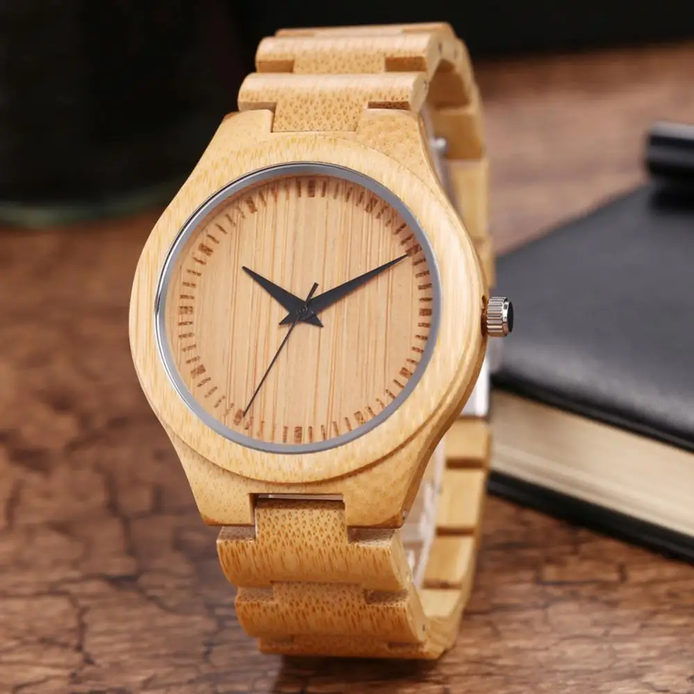 Japanese Watch Men Fashion Wrist Watch Round Dial Bamboo Band Butterfly Clasp No Number Analog Quartz Wrist Watches Clock Gift